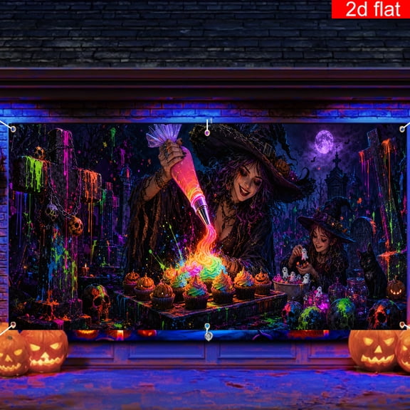 Elyvra Fabric Neon Halloween Backdrop 5x7ft, Spooky Witch Pumpkin Photo Background with Grommets, Graveyard Party Banner