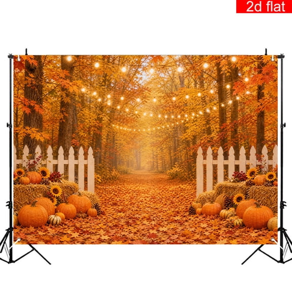 Elyvra Fall Photography Backdrop 2D Flat Autumn Forest Path with String Lights Pumpkin Background for Thanksgiving Studio Decor 6x9ft