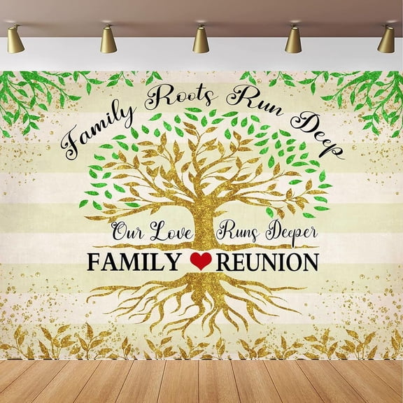 Elyvra Gold Green Family Reunion Backdrop, Family Tree Leaves Our Roots Run Deep, 6x9ft Photography Background for Family Gathering Party Decoration Banner