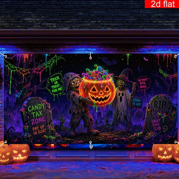 Elyvra Halloween Backdrop 3x5ft Glow in Dark Neon Zombie Candy Tax Zone Trick or Treat Halloween Party Decoration Wall Banner