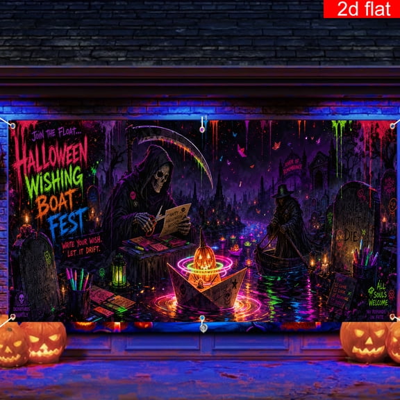 Elyvra Halloween Banner Backdrop 3x5ft, Neon Grim Reaper Wishing Boat Background for Spooky Haunted House Party Decoration