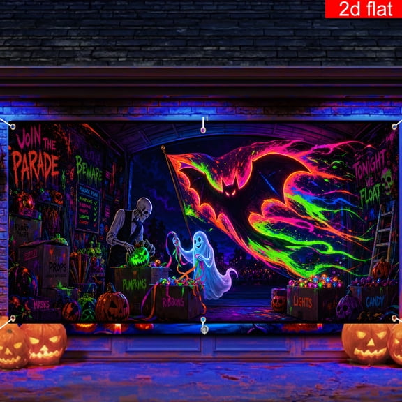 Elyvra Halloween Blacklight Backdrop 3x5ft Glow in the Dark Giant Bat Ghost Banner Neon UV Reactive Parade Party Wall Decoration