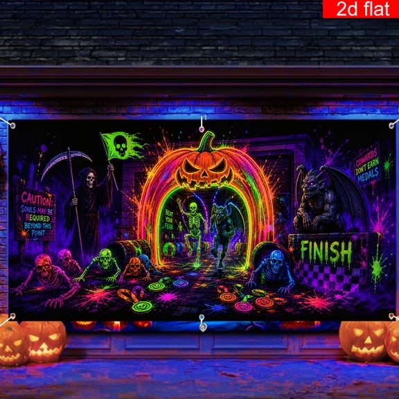 Elyvra Halloween Blacklight Backdrop 3x5ft Glow in the Dark Pumpkin Arch Banner Neon UV Reactive Finish Line Party Wall Decor