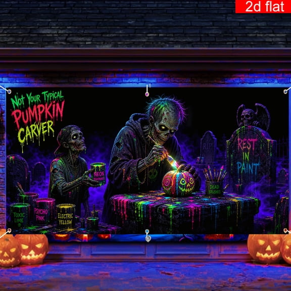 Elyvra Halloween Zombie Pumpkin Backdrop 3x5ft, Neon Splatter Graveyard Background for Scary Horror Party Decoration Banner