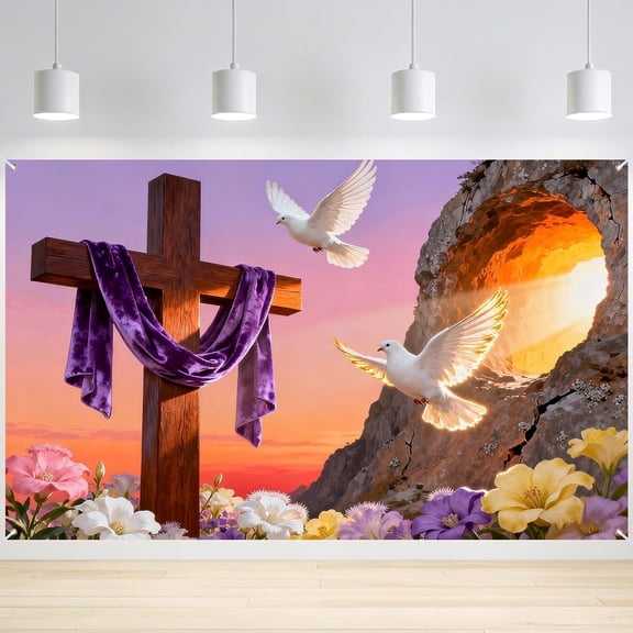 Elyvra He is Risen Cross Dove Banner, 3x5ft Happy Easter Banner for Church, Yard, Outdoor Decor, Polyester