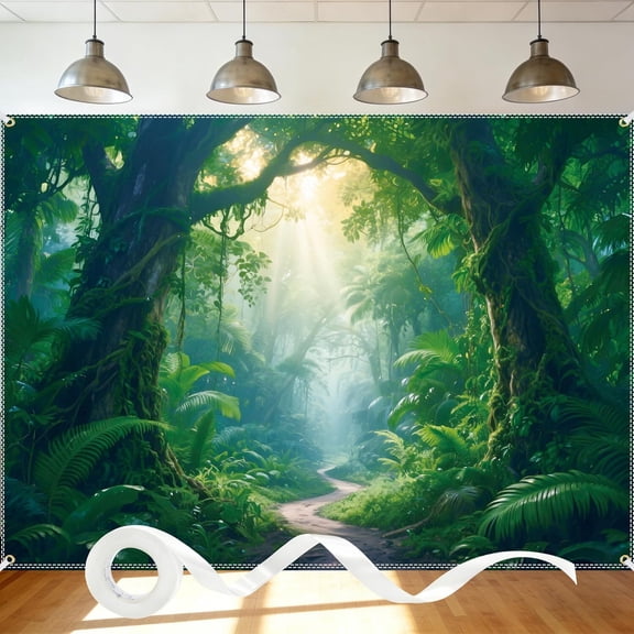 Elyvra Jungle Forest Photography Backdrop, 4x6ft Rainforest Natural Scenery Background, Safari Spring Green Photo Booth Studio Props