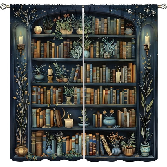 Elyvra Vintage Bookshelf Curtains, Dark Academia Fantasy Library Room Decor Window Drapes, 2 Panel Set Total 42" W x 45" L