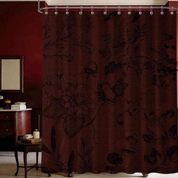 Elyvra Vintage Dark Red Botanical Shower Curtain Set, 72x84 Waterproof Burgundy Floral Fabric Bathroom Decor with Hooks, Black Maroon Pattern Bath Curtain