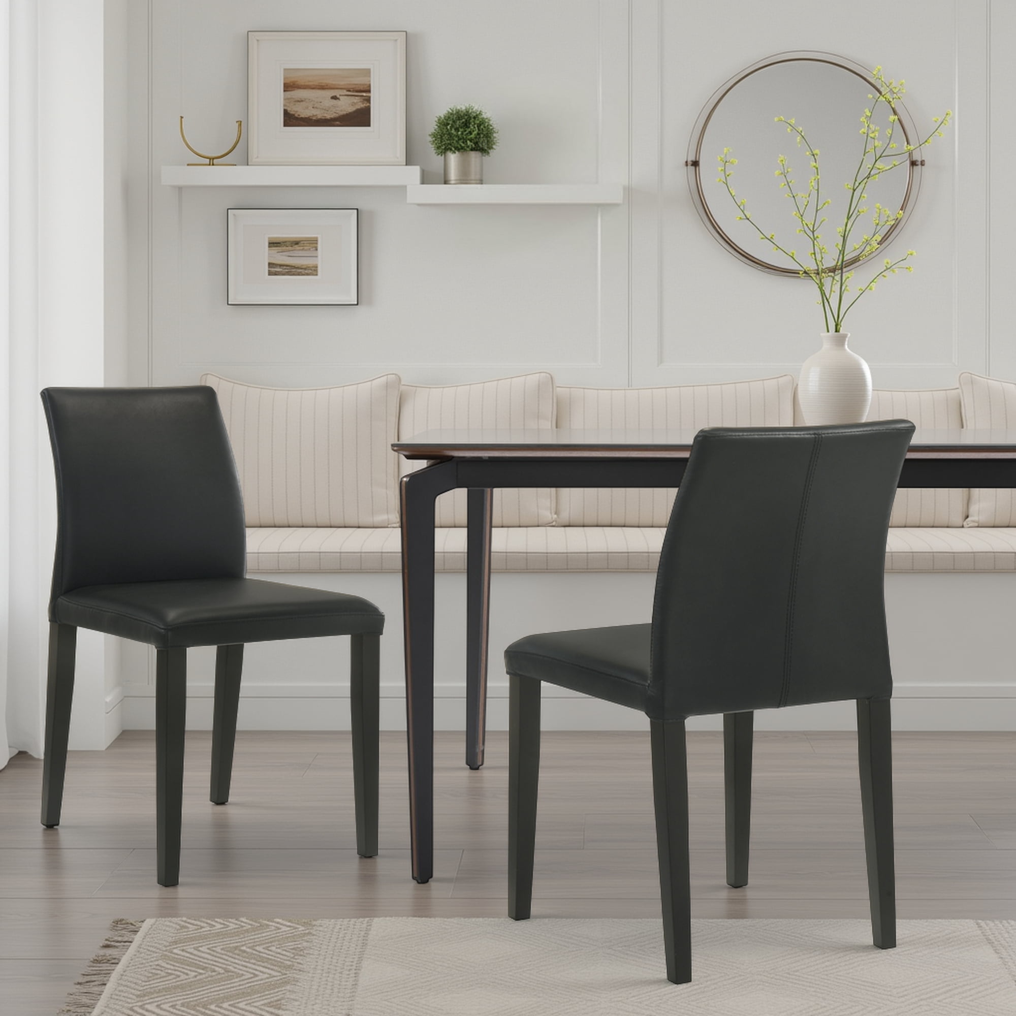 Elyza Full Back Top Grain Leather Upholstered Wood Dining Chairs in Black - Set of 2