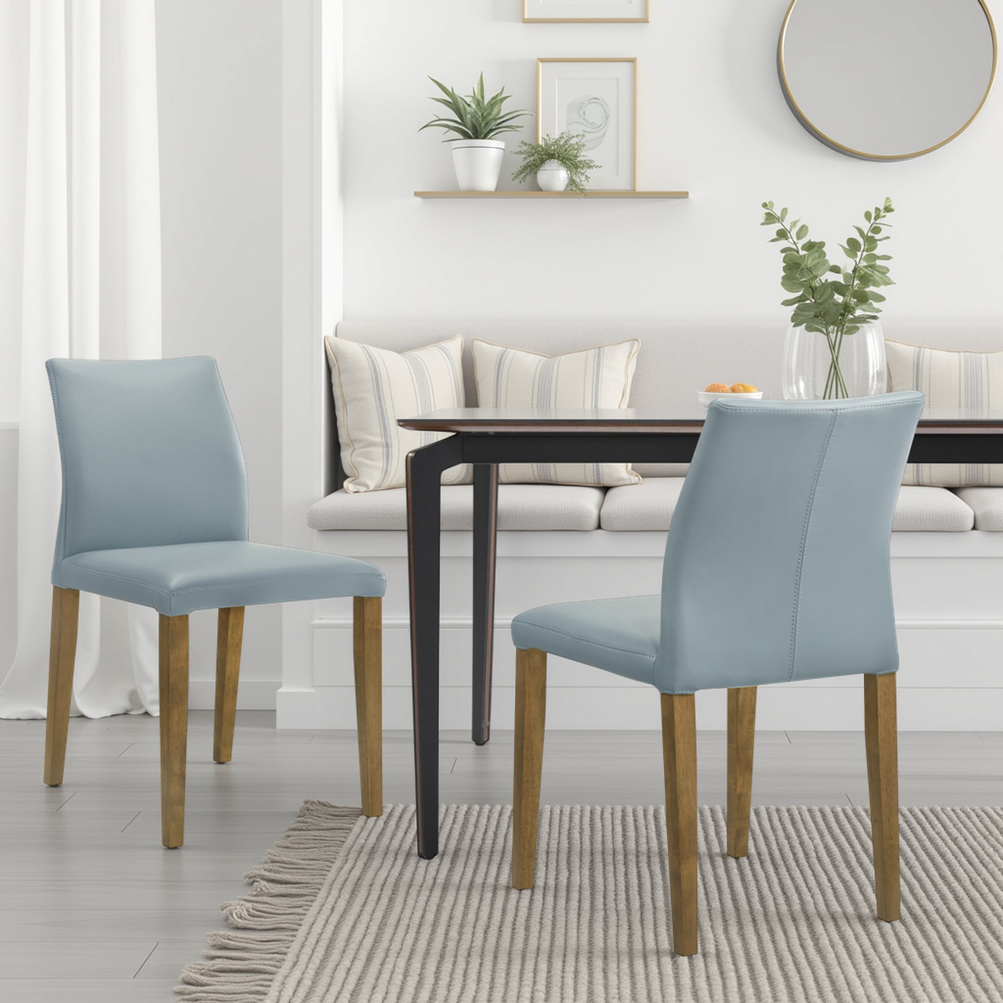 Elyza Full Back Top Grain Leather Upholstered Wood Dining Chairs in Blue - Set of 2