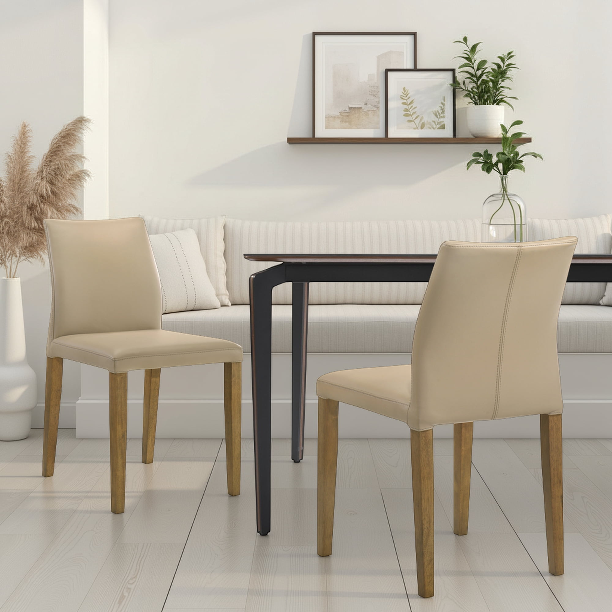 Elyza Full Back Top Grain Leather Upholstered Wood Dining Chairs in Khaki - Set of 2
