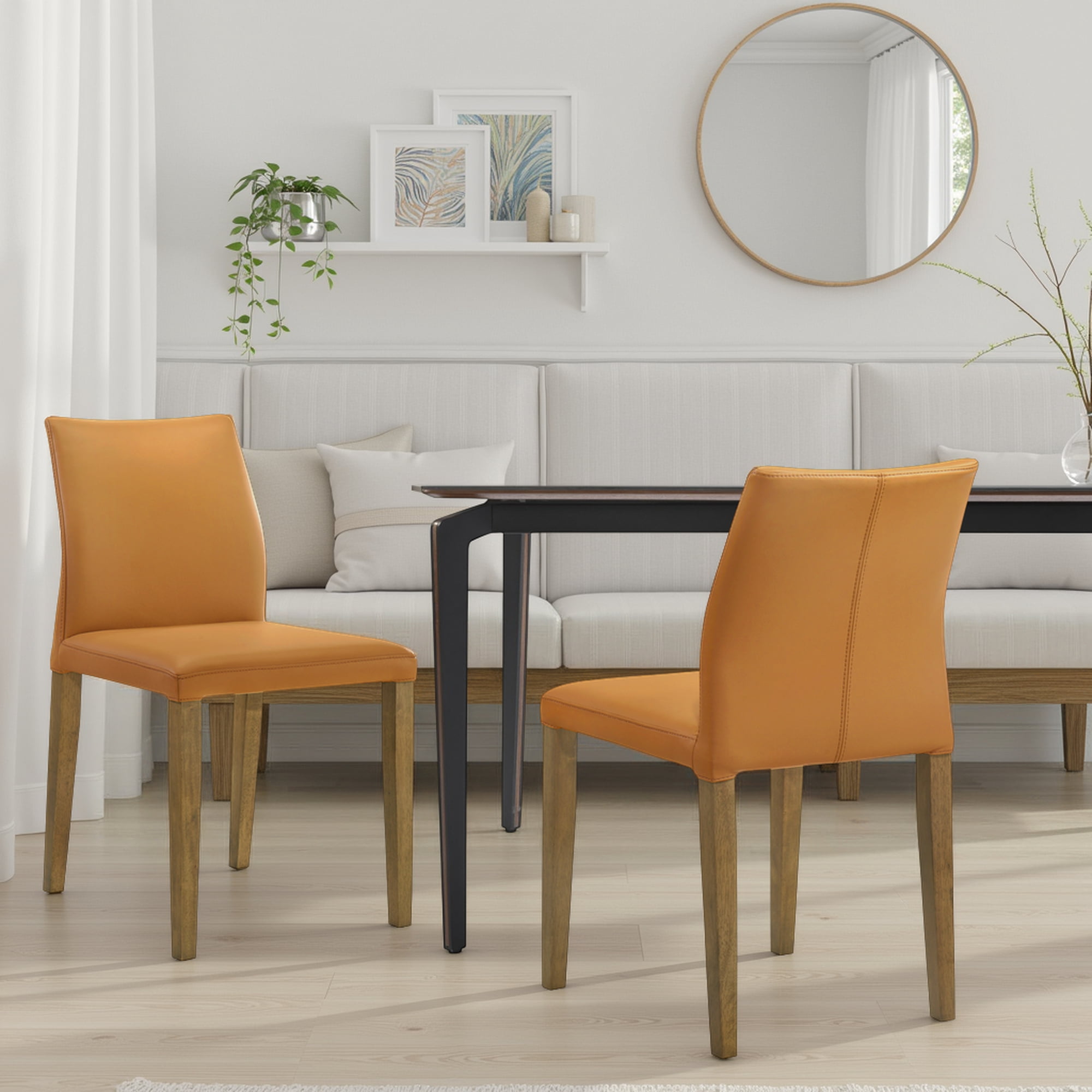 Elyza Full Back Top Grain Leather Upholstered Wood Dining Chairs in Orange - Set of 2