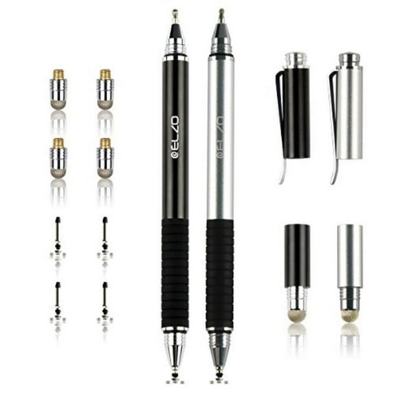 Elzo 3 in 1 Capacitive Disc Stylus Gel Pen Combo 2 Pcs with 4 Replaceable Disc Tips and 2 Replacement Fiber Tips for Touch Screen Tablets Samsung Galaxy/Surface/iPhone/iPad/LG and More (Black&Silver)