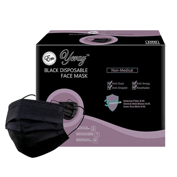 Em Yeraz 100 Pcs Black Disposable Face Masks, 3 Ply Protection Face Masks