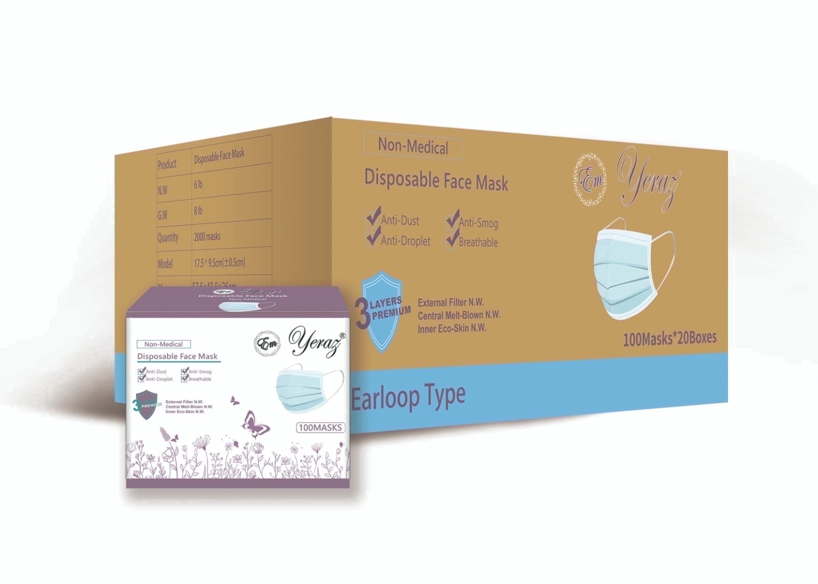 Em Yeraz 2,000 pcs Disposable Face Masks- 3 Ply Breathable Mask For Adults - Blue (2000)