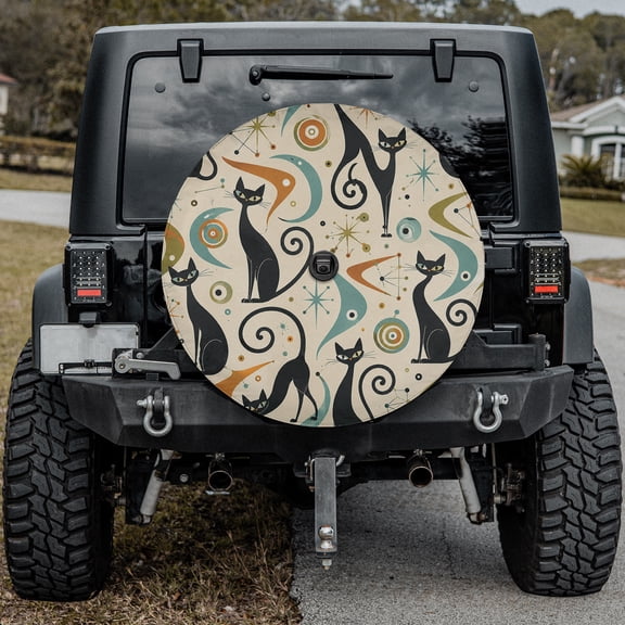 Emacom Ltd Atomic Black Cat Spare Tire Cover for Vehicle Rear Wheel, Retro Geometric Cat Tire Protector, Car Exterior Accessories (27")