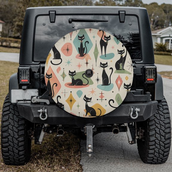 Emacom Ltd Atomic Black Cat Spare Tire Cover for Vehicle Rear Wheel, Retro Mid Century Wheel Protector (27")