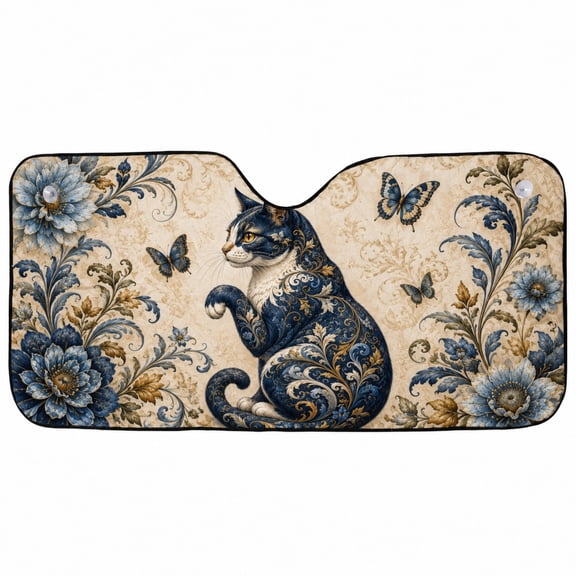 Emacom Ltd Blue Floral Cat Car Sunshade, Cat Butterfly Windshield Sun Shade, Vintage Botanical Cat Auto Windshield Protector