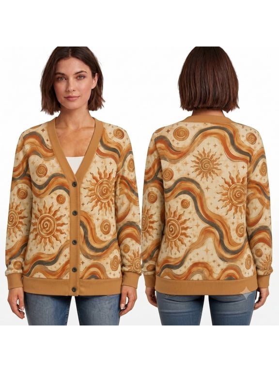 Ltd Bohemian Sun Cardigan, Retro Celestial Sun Wavy Lines Button Front Sweater, Boho Sun Printed Cardigan