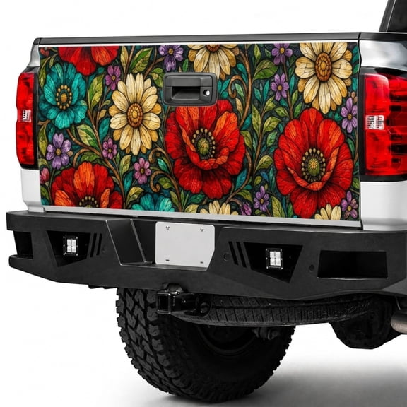 Emacom Ltd _Bohemian Wildflower Tailgate Wrap, Colorful Floral Truck Tailgate Decal, Vintage Garden Pickup Tailgate Graphic