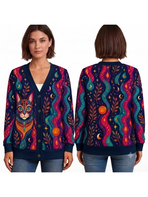 Ltd Boho Cat Cardigan, Colorful Celestial Cat Moon Star Button Front Sweater, Whimsical Bohemian Printed Cardigan