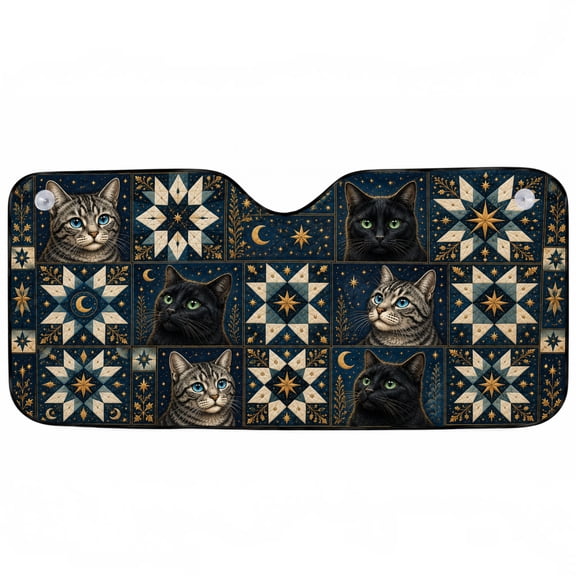 Emacom Ltd Cat Celestial Patchwork Car Sunshade, Black Cat Moon Star Windshield Sun Shade, Quilted Cat Auto Windshield Protector