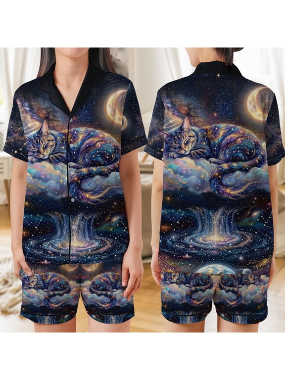 Ltd Celestial Cat Satin Pajamas Set, Galaxy Moon Sleeping Kitten All Over Print Button Down Sleepwear, Cosmic Cat Loungewear (Short-sleeve, size L)