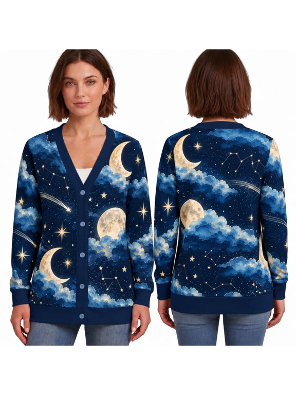 Ltd Celestial Moon Cardigan, Starry Night Clouds and Constellations Button Front Sweater, Blue Galaxy Sky Pattern