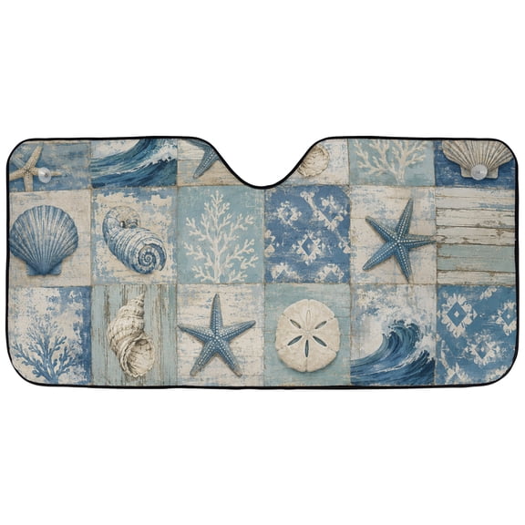 Emacom Ltd _Coastal Beach Windshield Sun Shade, Seashell Starfish Car Sunshade, Ocean Nautical Front Window Sun Visor Protector