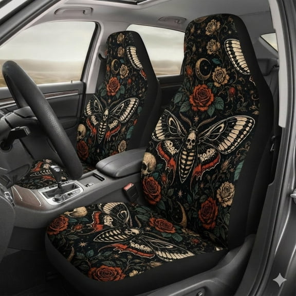 Emacom Ltd _Cottagecore Gothic Car Seat Covers, Moth Moon and Mushroom Print Front Seat Protectors
