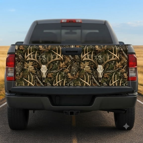 Emacom Ltd Deer Hunting Camo Tailgate Wrap Decal, Antler Skull Tailgate Sticker, Rustic Outdoor Truck Accessories (26"x66")