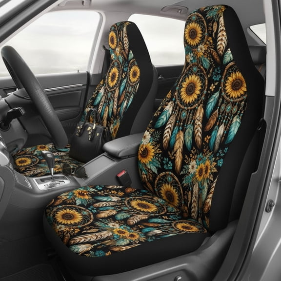 Emacom Ltd Dreamcatcher Sunflower Car Seat Covers Set, Boho Floral Auto Seat Protectors, Universal Fit Vehicle Interior Accessories