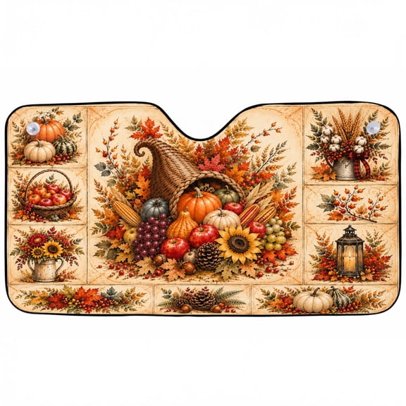 Emacom Ltd Fall Harvest Cornucopia Car Sunshade, Pumpkin Sunflower Autumn Windshield Sun Shade, Thanksgiving Auto Windshield Protector