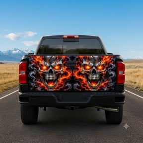Emacom Ltd Flaming Skull Graphic Tailgate Wrap Decal, Fire Skull Tailgate Sticker, Dark Gothic Truck Accessories (26"x66")