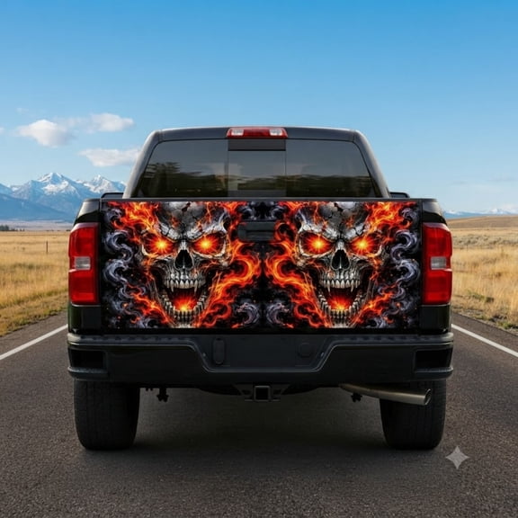 Emacom Ltd Flaming Skull Graphic Tailgate Wrap Decal, Fire Skull Tailgate Sticker, Dark Gothic Truck Accessories (26"x66")