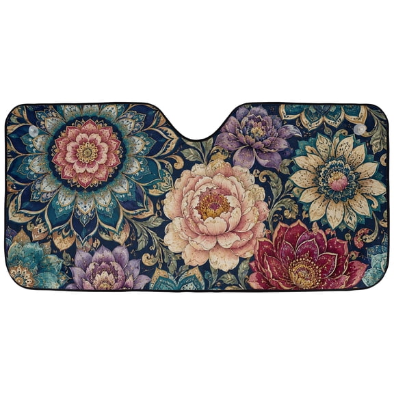 Emacom Ltd _Floral Mandala Windshield Sun Shade, Boho Lotus Flower Car Sun Visor, Elegant Front Window Sunshade Cover