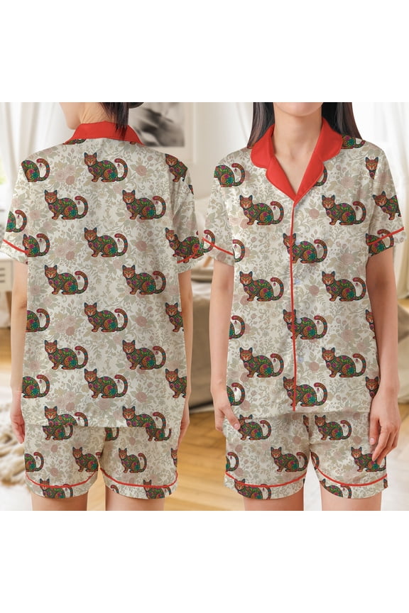 Ltd Floral Mosaic Cat Satin Pajamas Set, Colorful Patchwork Cat All Over Print Button Down Sleepwear, Vintage Cat Lover Loungewear (Short-sleeve, size M)