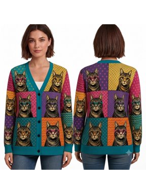 Ltd Funny Cat Cardigan, Colorful Retro Cat Glasses Patchwork Button Front Sweater, Pop Art Cat Printed Cardigan