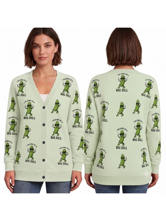 Ltd Funny Pickle Cardigan, Cute Cartoon Pickle Character Button Front Sweater, Green Pickle Printed Cardigan