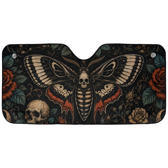 Emacom Ltd _Gothic Death Moth Windshield Sun Shade, Dark Botanical Car Sunshade, Front Windshield Protector