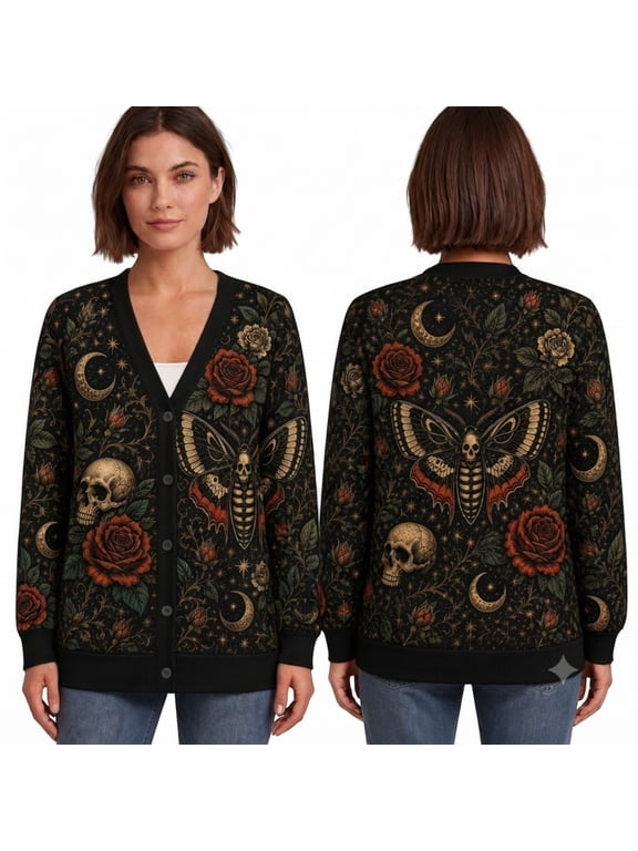 Ltd Gothic Moth Skull Rose Cardigan, Celestial Moon Floral Button Front Sweater, Dark Cottagecore Gothic Cardigan