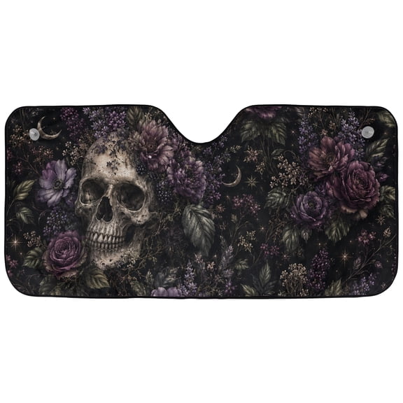 Emacom Ltd _Gothic Purple Floral Skull Windshield Sun Shade, Dark Botanical Car Sunshade, Front Windshield Protector