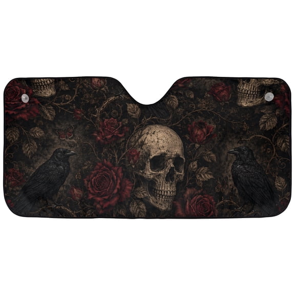 Emacom Ltd _Gothic Skull Raven Windshield Sun Shade, Dark Cottagecore Car Sunshade, Front Windshield Protector