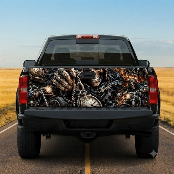Emacom Ltd Gothic Skull Rider Tailgate Wrap Decal, Dark Motorcycle Tailgate Sticker, Biker Style Truck Accessories (26"x66")