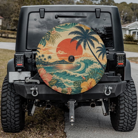 Emacom Ltd Hawaiian Surf Beach Spare Tire Cover for Vehicle Rear Wheel, Tropical Ocean Tire Protector (27")