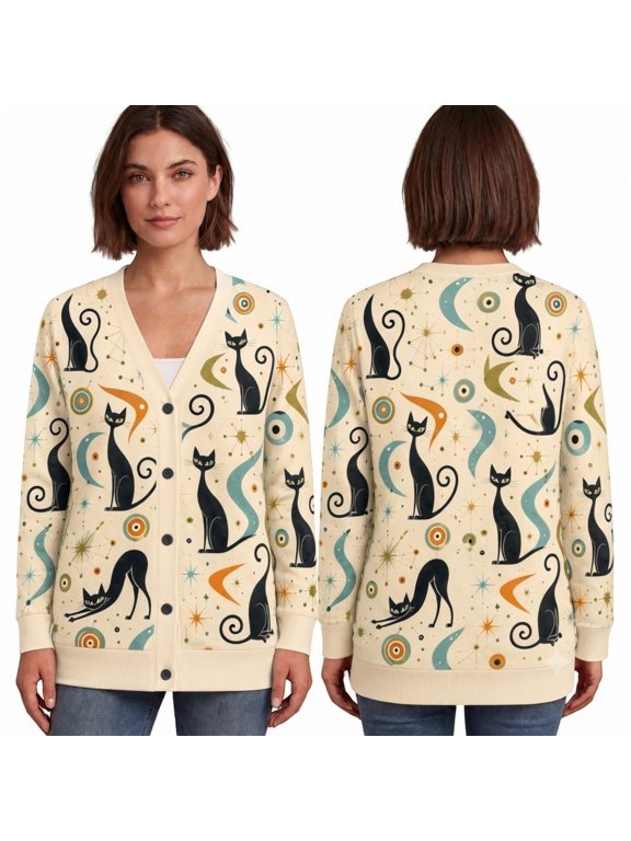 Ltd Mid Century Atomic Cat Cardigan, Retro Black Cat Geometric Button Front Sweater, Vintage Cat Printed Cardigan
