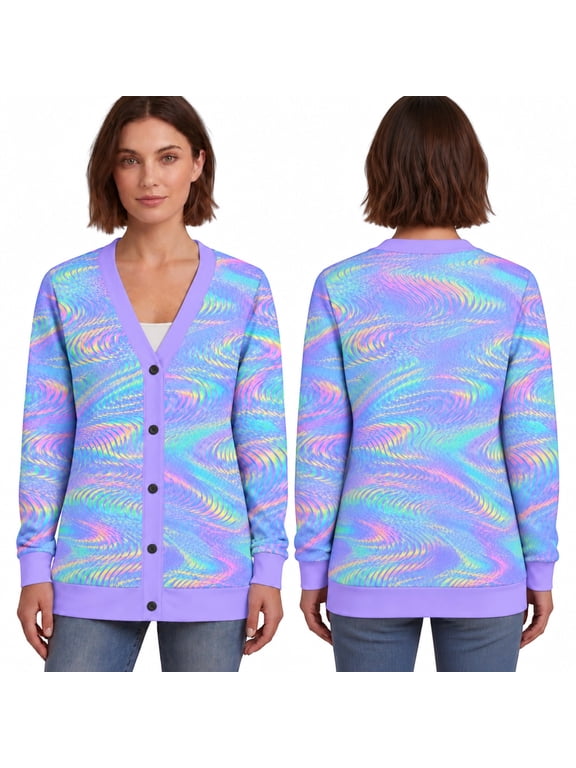 Ltd Pastel Iridescent Cardigan, Lavender Aqua Wave Sweater, Holographic Style Optical Print Cardigan