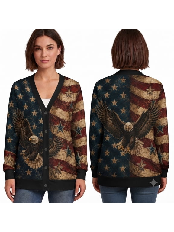 Ltd Patriotic Bald Eagle Cardigan, American Flag Stars Button Front, Vintage USA Eagle Cardigan