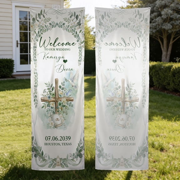 Emacom Ltd Personalized Christian Wedding Fabric Welcome Banner, Custom Cross Wedding Sign, Faith Ceremony Decor (10x30")