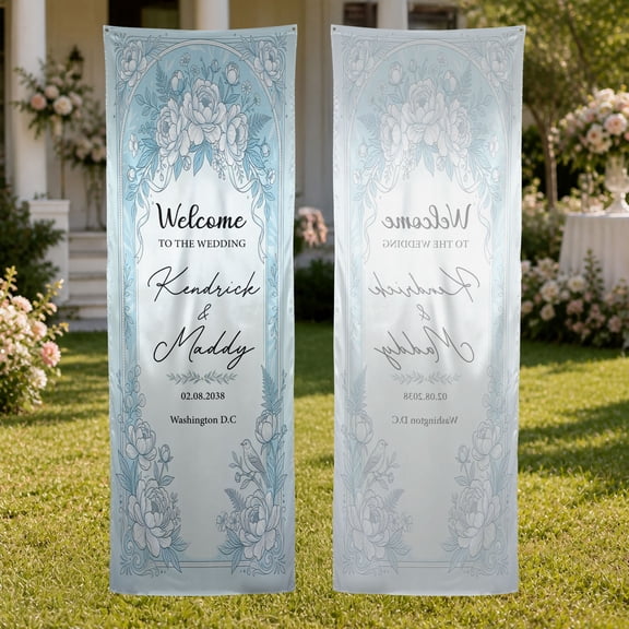 Emacom Ltd Personalized Fabric Wedding Welcome Banner, Custom Blue Floral Entrance Sign, Ceremony Reception Decor for Wedding Events (10x30")